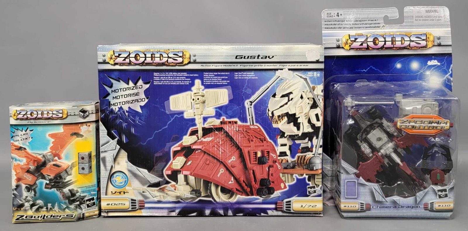 Three Hasbro Zoids in sealed boxes: Three Hasbro Zoids in sealed boxes, group includes #110 Chimera Dragon, #025 Gustav and #005 Chimera, all are in good to very good boxes, all seals intact.