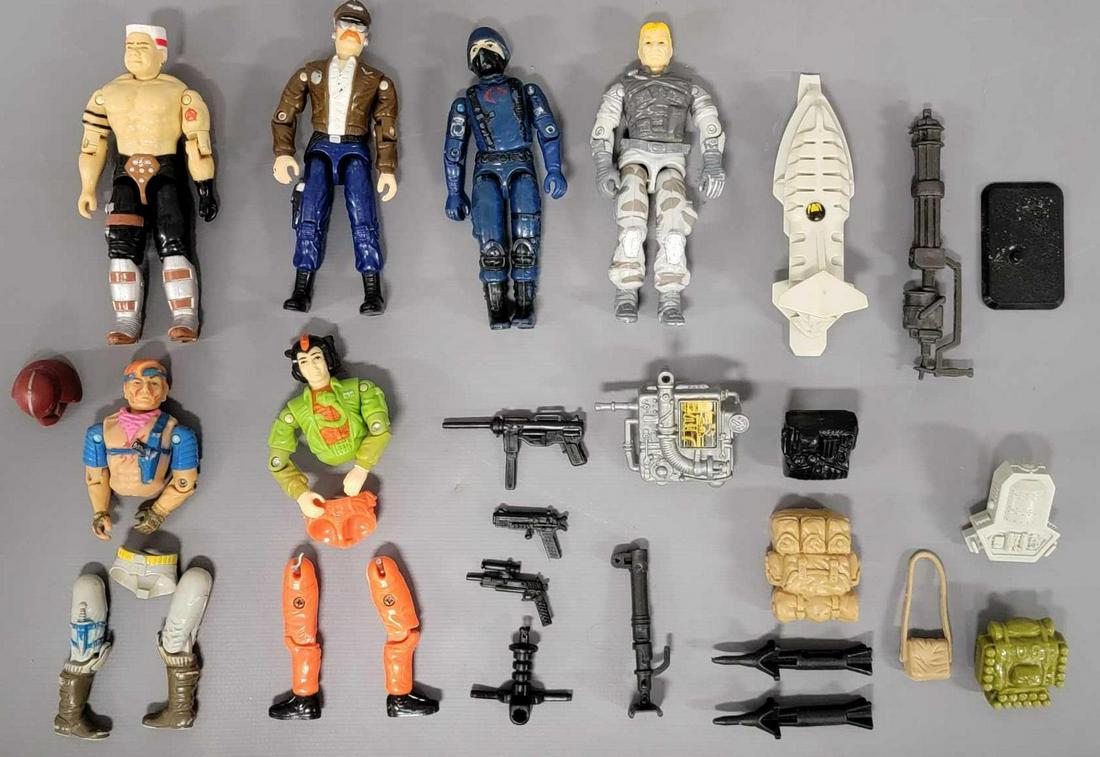 Six 1980's GI Joe 3.75" figures with accessories: Six 1980's GI Joe 3.75" figures with accessories, group includes Series 5 Zandar (missing leg band), series 7 Windmill, (missing leg band), series 7 Road Pig, Series 8 Dogfight, series 9 Airbo
