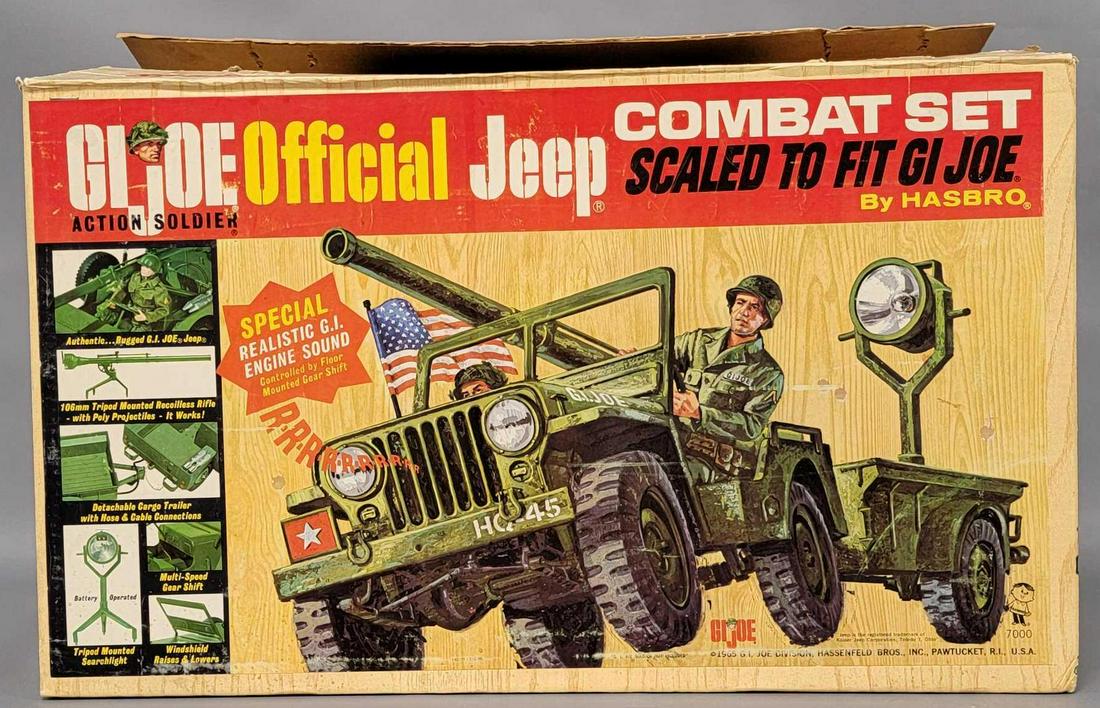 Vintage Hasbro GI Joe 7000 1965 Official Jeep Combat set in original woodgrain box: Vintage Hasbro GI Joe 7000 1965 Official Jeep Combat set in original woodgrain box, this set is extremely nice, looks near mint, unplayed with, it has an operating recoilless rifle, the jeep is the ea