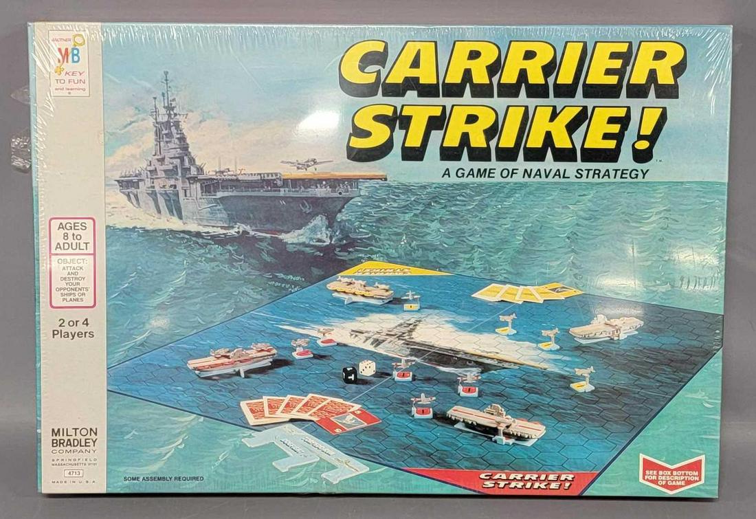 Factory sealed Milton Bradley Carrier Strike! board game: Milton Bradley Carrier Strike! board game factory sealed. This is an outstanding example of this desirable board game, the shrink wrap has a couple of nicks at a few edges and a larger tear on the bot