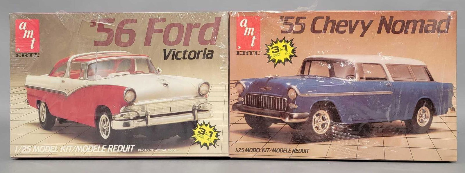Two AMT 1/25 scale 50's car model kits factory sealed: Two AMT 1/25 scale 50's car model kits factory sealed, includes 6592 '55 Chevy Nomad and 6547 '56 Ford Victoria, both have original factory shrink wrap, the nomad wrap is torn on two side