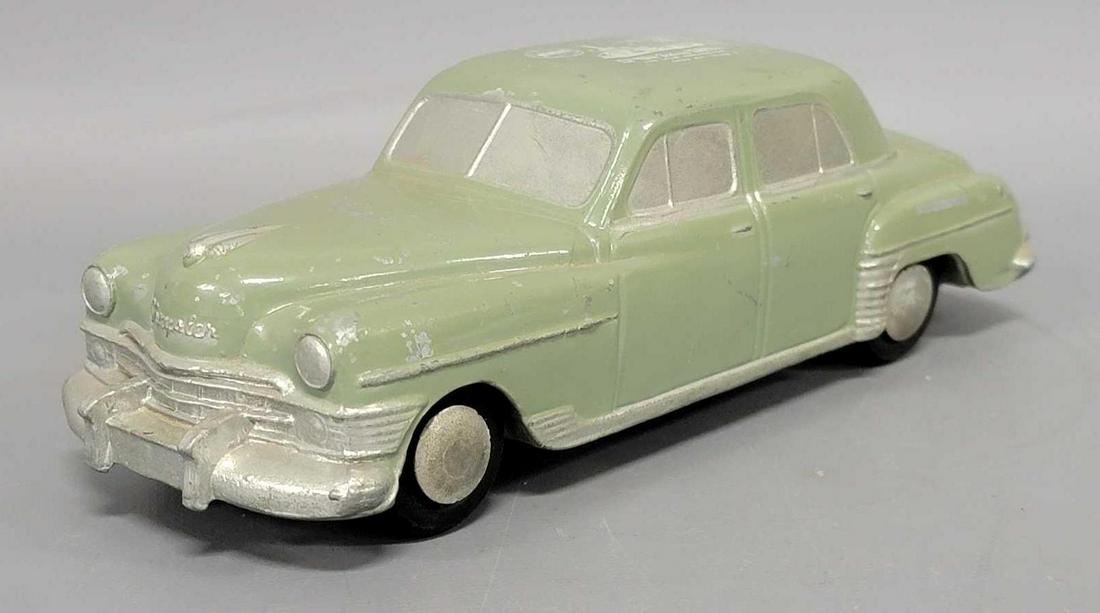 1950 banthrico pea green Chrysler New Yorker dealer promo coaster car metal bank: 1950 pea green Chrysler New Yorker dealer promo coaster car metal bank, car is good with scratches and wear as seen, from Talman federal savings bank of Chicago, it is missing the base cover.