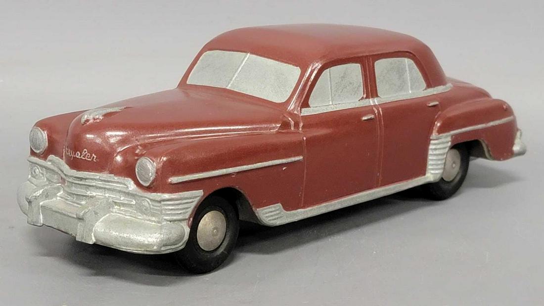 1950 banthrico dark red Chrysler New Yorker dealer promo coaster car metal bank: 1950 dark red Chrysler New Yorker dealer promo coaster car banthrico metal bank, very good with a chip on the rear part of the roof, it is however a repaint, base is very good, missing one screw, no k