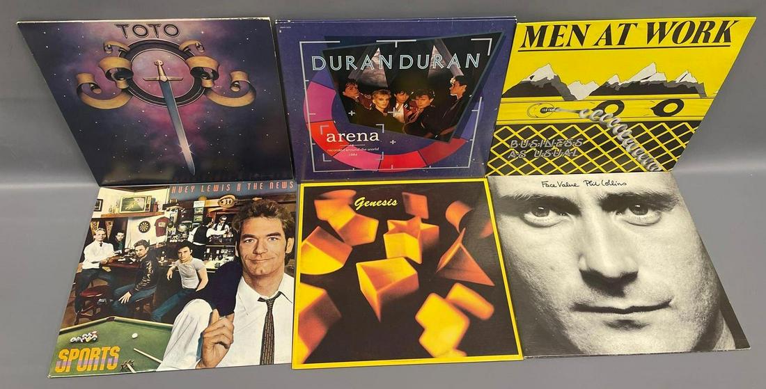 Six 1980â€™s band LPâ€™s: Six 1980â€™s band LPâ€™s, includes Totoâ€™s self titled initial release, Men at Work Business as Usual, Huey Lewis and the News Sports, Genesis, Duran Duran Arena, all albums are excell