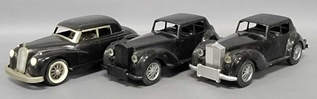 Three Ideal vintage promo cars: Three Ideal vintage promo cars, includes two black Rolls Royce, one has had the radiator shroud and both front and rear bumpers painted silver, the last car is a Mercedes, it has had details hand pain