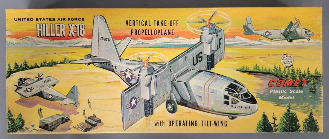 Comet Hiller x-18 Propelloplane model kit in original box: Comet Hiller x-18 Propelloplane model kit in original box, PL 805-98, kit appears complete, includes clean original instruction and decal sheets, both having yellowed a bit with age, box is excellent