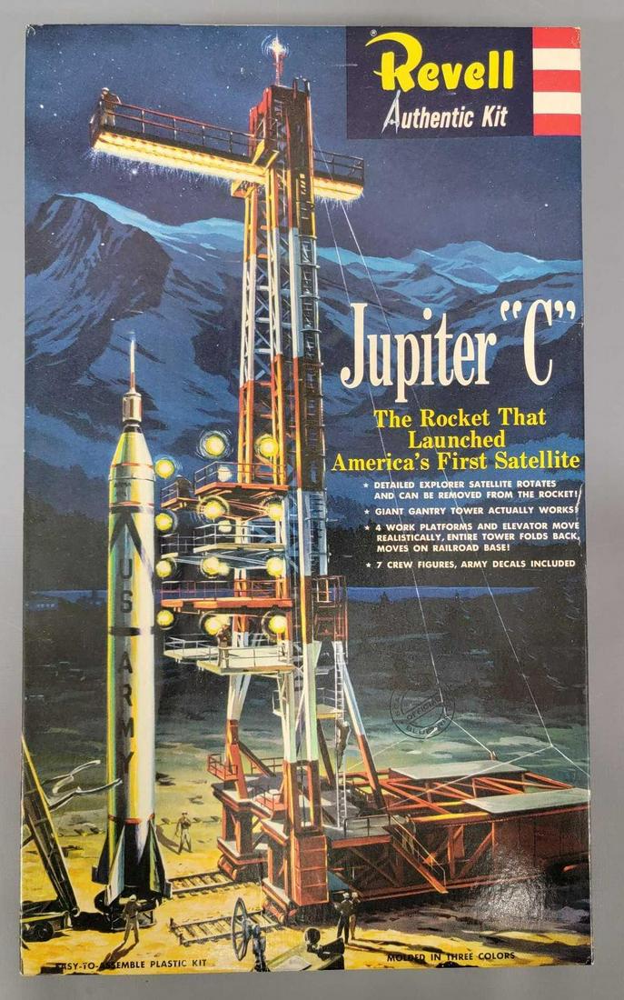Revell Jupiter C H1819-198 model kit in type S original box: Revell Jupiter C H1819-198 model kit in type S original box, Kit appears complete with most parts still on sprues, includes clean though yellowed instructions and a clean decal sheet, box is very good