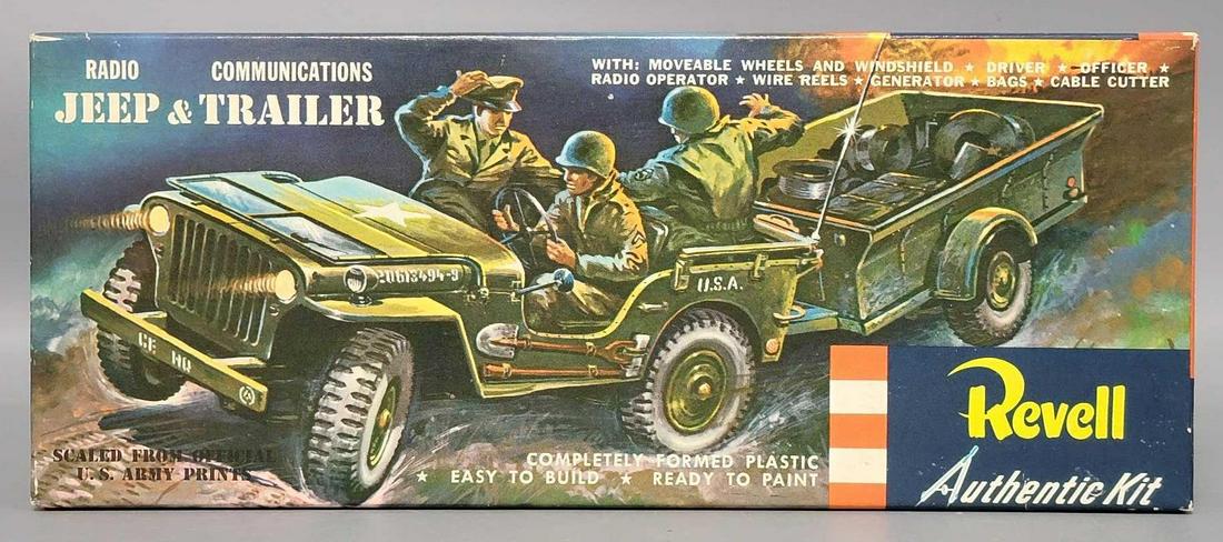 Revell Radio Jeep and Communications Trailer model kit in type S original box: Revell Radio Jeep and Communications Trailer model kit in type S original box, H525-79 Kit appears complete with most parts still on sprues, includes clean though yellowed instructions and a clean dec