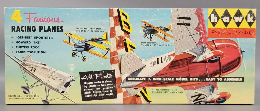 Hawk 4 Famous Racing Planes model kit in original box: Hawk 4 Famous Racing Planes model kit in original box, 510-129 Kit appears complete with all parts still sealed in original individual bags, includes clean instruction and decal sheets, box is excelle