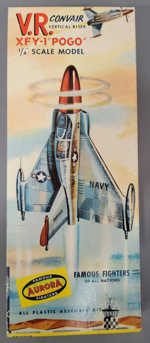 Aurora Famous Fighters Convair Vertical Riser XFY-1 Pogo model kit in original box: Aurora Famous Fighters Convair Vertical Riser XFY-1 Pogo model kit in original box, 60-98 Kit appears complete with most parts still on sprues, includes clean though yellowed instructions and clean bu