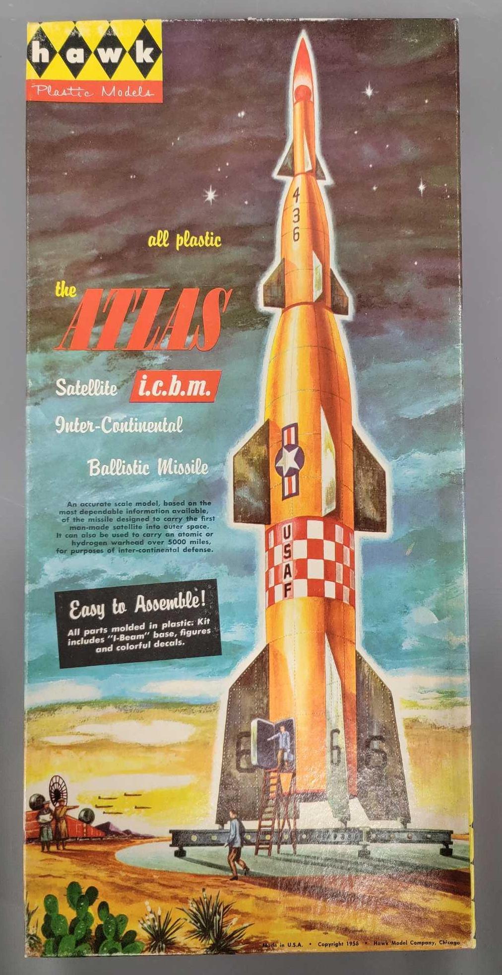 Hawk plastic models the Atlas satellite ICBM model kit in original box: Hawk plastic models the Atlas satellite ICBM model kit in original box, 200 Kit appears complete with all parts still in original baggies, includes clean instruction and decal sheets though decal shee
