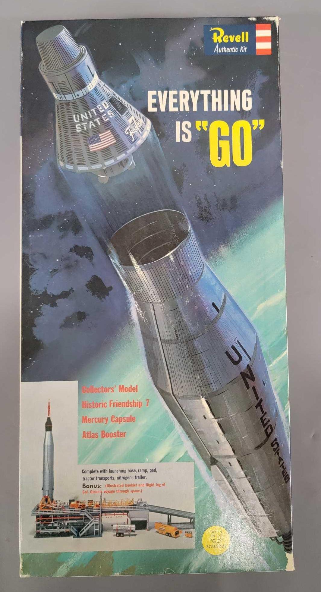 Revell Mercury Capsule and Atlas Booster model kit in original box: Revell Mercury Capsule and Atlas Booster model kit in original box, H1833-250 Kit appears complete with most parts still on sprues, includes clean instruction and decal sheets, box is excellent with v