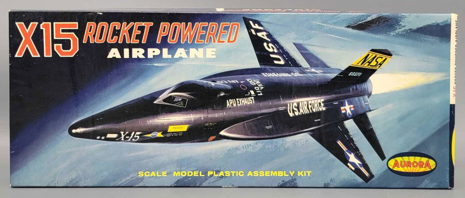 Aurora X15 Rocket Powered Airplane model kit in original box: Aurora X15 Rocket Powered Airplane model kit in original box, 120-130 Kit appears complete with most parts still on sprues, includes clean instruction and decal sheets that are lightly yellowed, box i