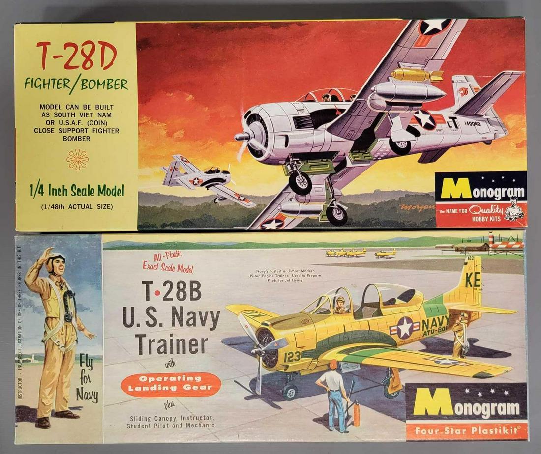 Two Monogram Military plane model kits in original boxes: Two Monogram Military plane model kits in original boxes including PA121-100 T-28D Fighter/Bomber and P14-98 T28B US Navy Trainer, Kits appear complete with most parts still on sprues, include clean i
