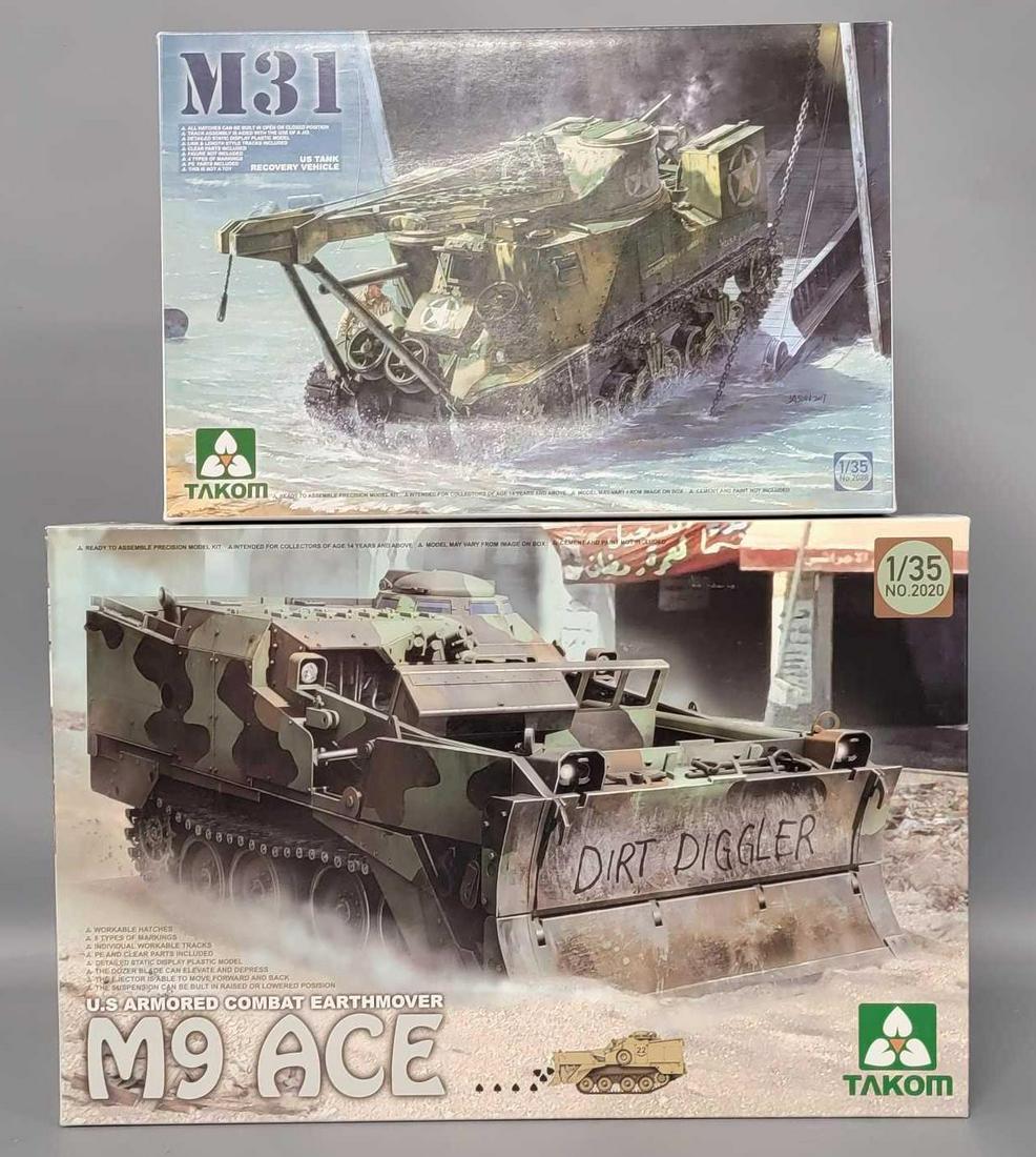 Two Takom 1/35 scale tank model kits in original boxes: Two Takom 1/35 scale tank model kits in original boxes, includes 2020 US Armored Combat Earthmover M9 ACE and 2088 M31 US Tank Recovery Vehicle, both kits appear complete with all detail parts, decals