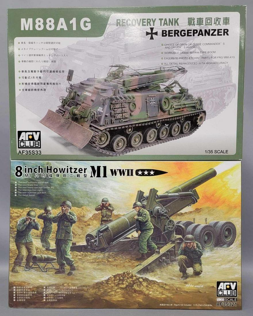 Two AFC Club 1/35 scale military model kits in original boxes: Two AFC Club 1/35 scale military model kits in original boxes, includes 35S33 M88A1G Bergepanzer recovery tank and 35321 8 inch Howitzer M1 WWII, both kits appear complete with all detail parts, decal