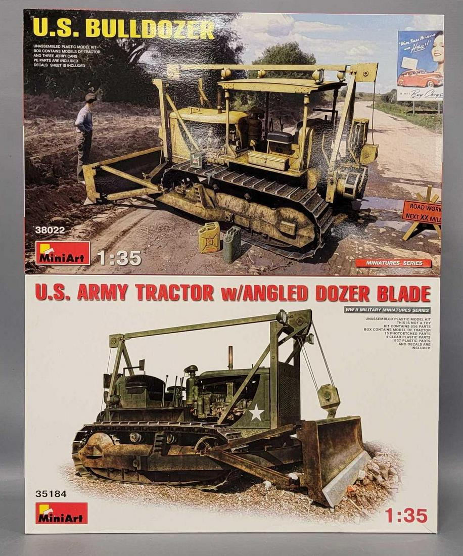 Two MiniArt 1/35 scale Bulldozers in original boxes: Two MiniArt 1/35 scale Bulldozers in original boxes, includes 35184 US Army Tractor w/ Angled Dozer blade and 38022 US Bulldozer, both kits appear complete with all detail parts, decals and instructio