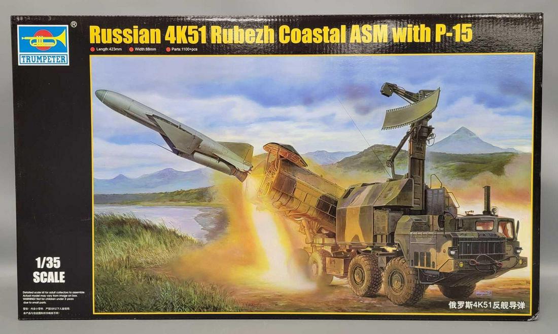 Trumpeter 1/35 scale 1035 model kit Russian 4K51 Rubezh Coastal ASM in original box: Trumpeter 1/35 scale 1035 model kit Russian 4K51 Rubezh Coastal ASM with P-15 in original box, kit appears complete with all detail parts, decals and instructions, box is very good to excellent.