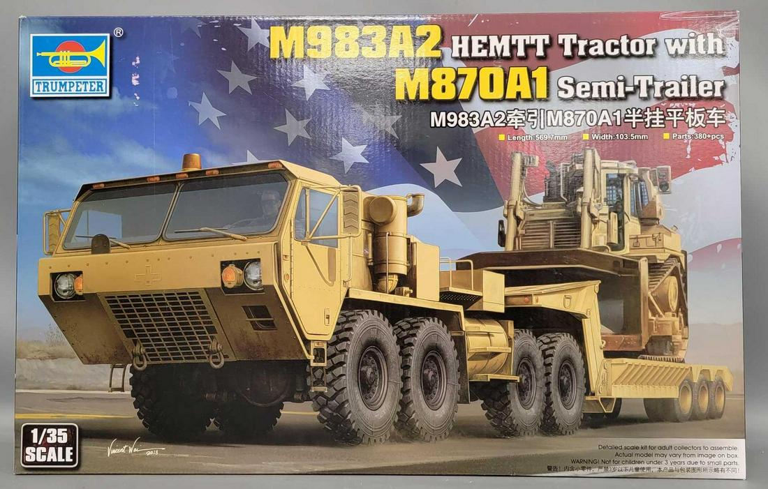 Trumpeter 1/35 scale 1055 model kit M983A2 HEMTT Tractor in original box: Trumpeter 1/35 scale 1055 model kit M983A2 HEMTT Tractor with M870A1 Semi-trailer in original box, kit appears complete with all detail parts, decals and instructions, box is very good to excellent.
