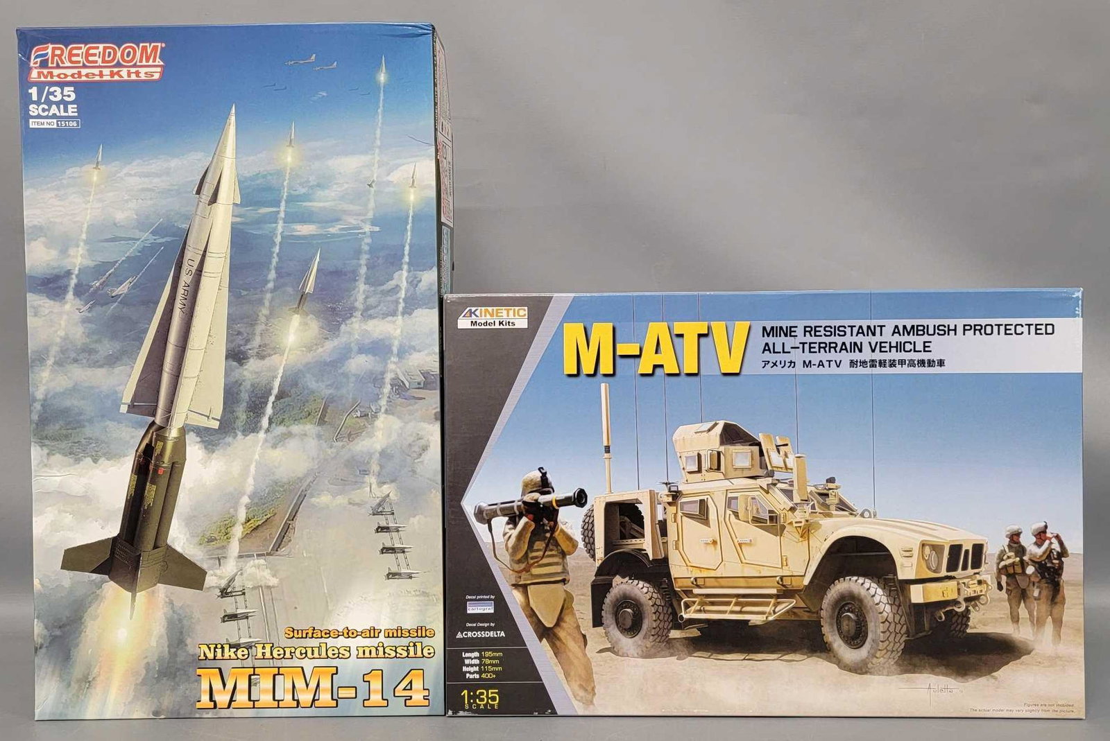 Two 1/35 scale military model kits in original boxes: Two 1/35 scale military model kits in original boxes, includes a Kinetic Model kits K61007 M-ATV Mine Resistant ambush protected All-terrain vehicle and a Freedom Model Kits 15106 surface-to-air missi