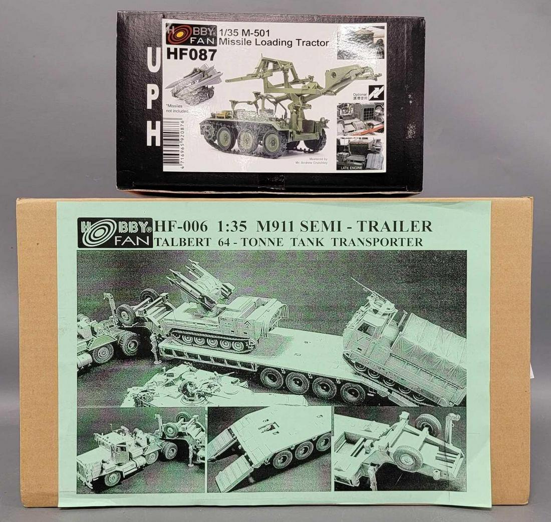 Two Hobby Fan 1/35 scale model kits in original boxes: Hobby Fan 1/35 scale HF-006 M911 Semi-trailer Talbert 64 tonne tank transporter and HF-087 M-501 Missile Loading Trailer, both kits appears complete with instructions, boxes are excellent.