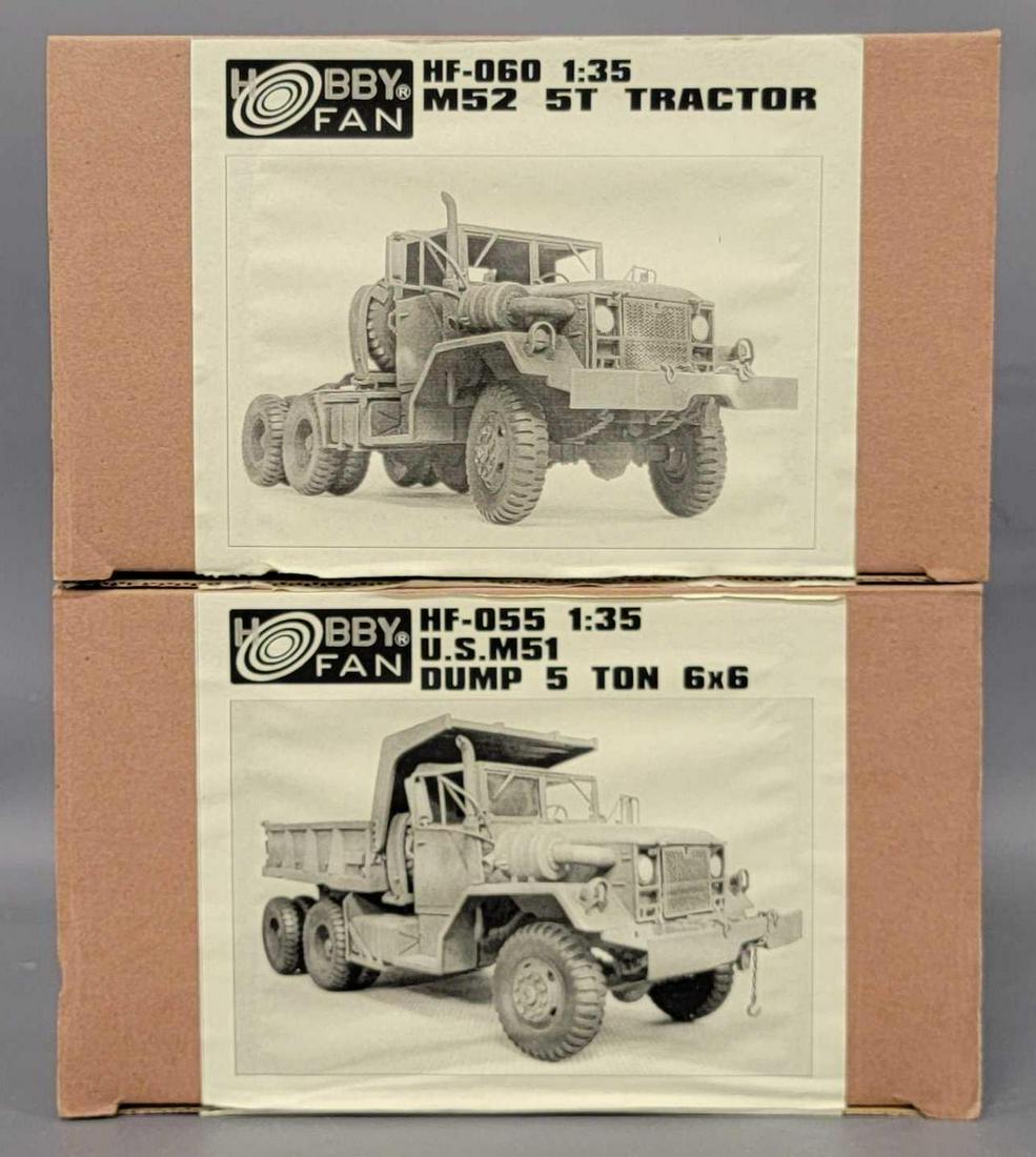 Two Hobby Fan 1/35 scale military truck modell kits in original boxes: Two Hobby Fan 1/35 scale military truck modell kits in original boxes, includes HF-055 US M51 Dump 5 ton 6x6 and HF-060 M52 5 ton Tractor, both kits appear complete with instructions, boxes are excell