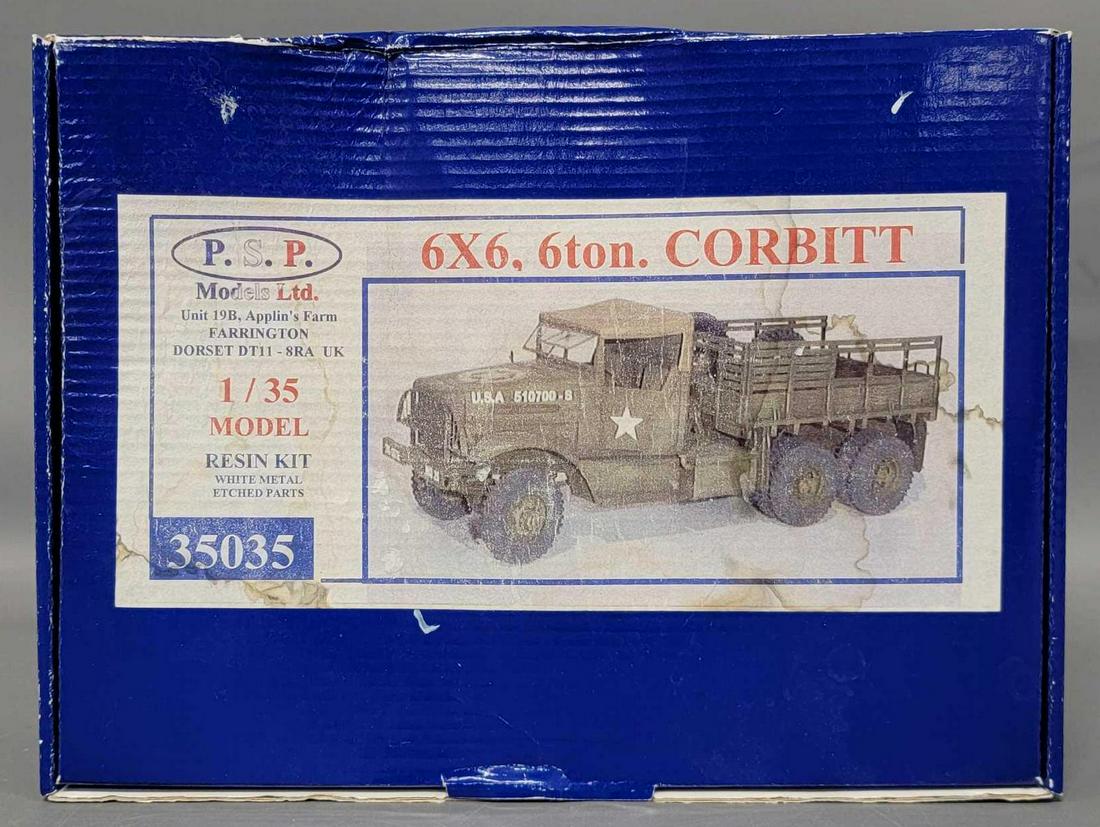 P.S.P. Models Ltd 1/35 scale 6x6 6 ton Corbitt resin model kit in original box: P.S.P. Models Ltd 1/35 scale 6x6 6 ton Corbitt resin model kit in original box, 35035 kit appears complete with detail parts and instructions, box is good but has some crushing to the top lid at the h