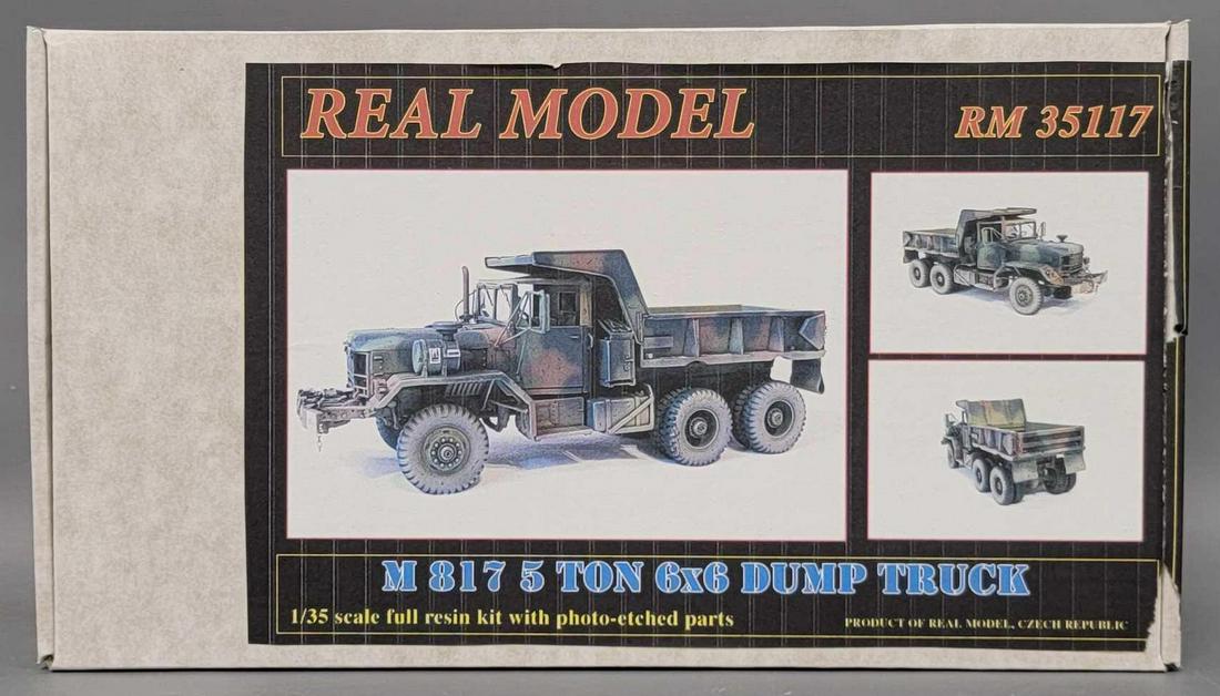 Real Model 1/35 scale M817 5 ton 6x6 Dump Truck resin model kit in original box: Real Model 1/35 scale M817 5 ton 6x6 Dump Truck resin model kit in original box, RM35117 kit appears complete with instructions, box is excellent.