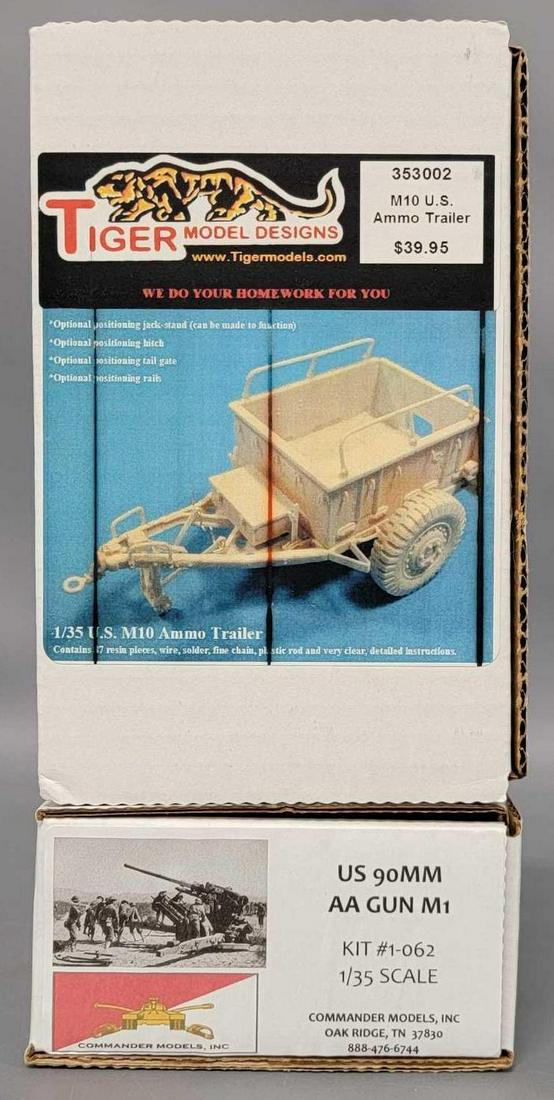 Two 1/35 scale military model kits in original boxes: Two 1/35 scale military model kits in original boxes, includes Tiger model designs 353002 M10 US Ammo Trailer and Commander Models inc 1-062 US 90mm AA gun M1, both kits appear complete with instructi