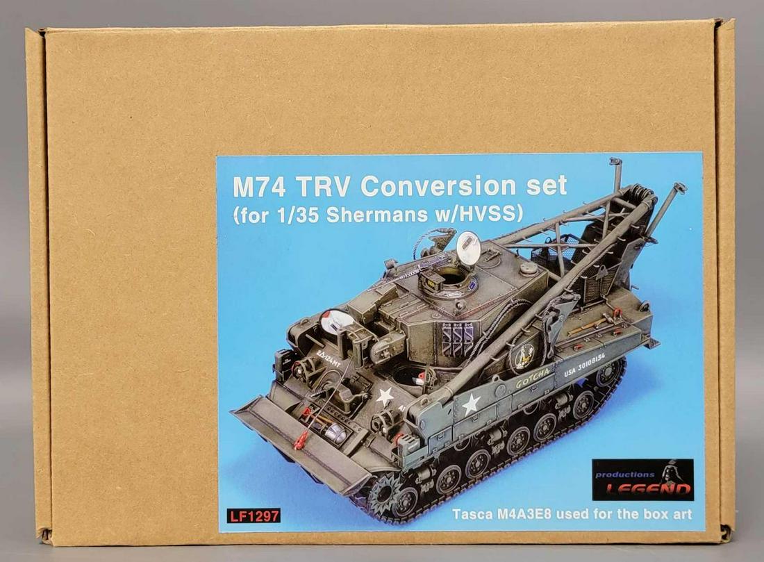 Productions Legend 1/35 scale LF1297 M74 TRV Conversion set model kit in original box: Productions Legend LF1297 M74 TRV Conversion set (for 1/35 Sherman w/HVSS) model kit in original box, kit appears complete with instructions, box is excellent.