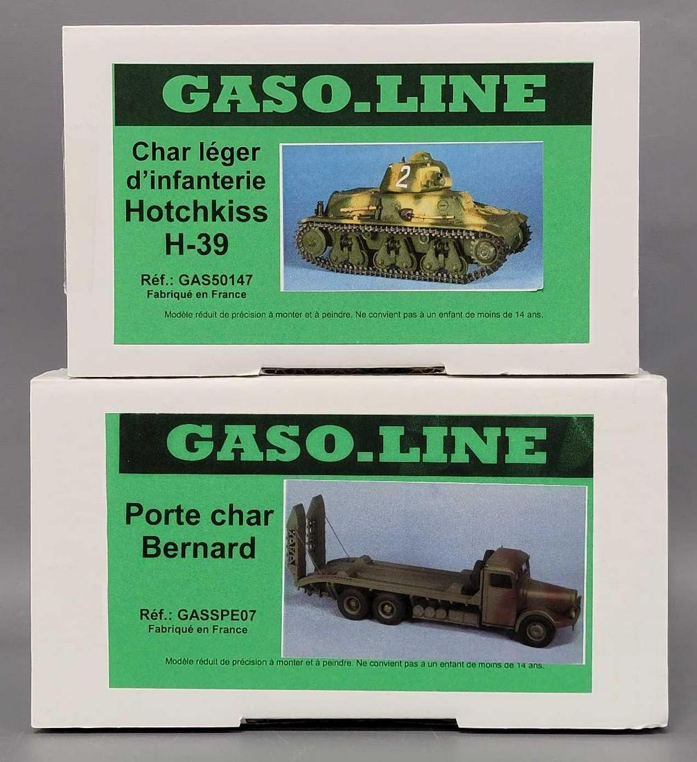 Two Gasoline 1/48 scale military model kits in original boxes: Two Gasoline 1/48 scale military model kits in original boxes, includes GAS50147 Char leger dinfanterie Hotchkiss H-39 and GASSPE07 Porte char Bernard, both kits appear complete with instructions, box