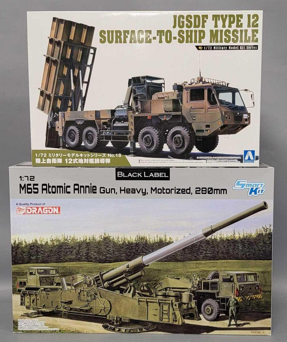 Two 1/72 scale military model kits in original boxes: Two 1/72 scale military model kits in original boxes, includes Aoshima JGSDF Type 12 Surface to ship missile and Dragon M65 Atomic Annie gun, heavy, motorized 280mm, both appear complete in excellent 