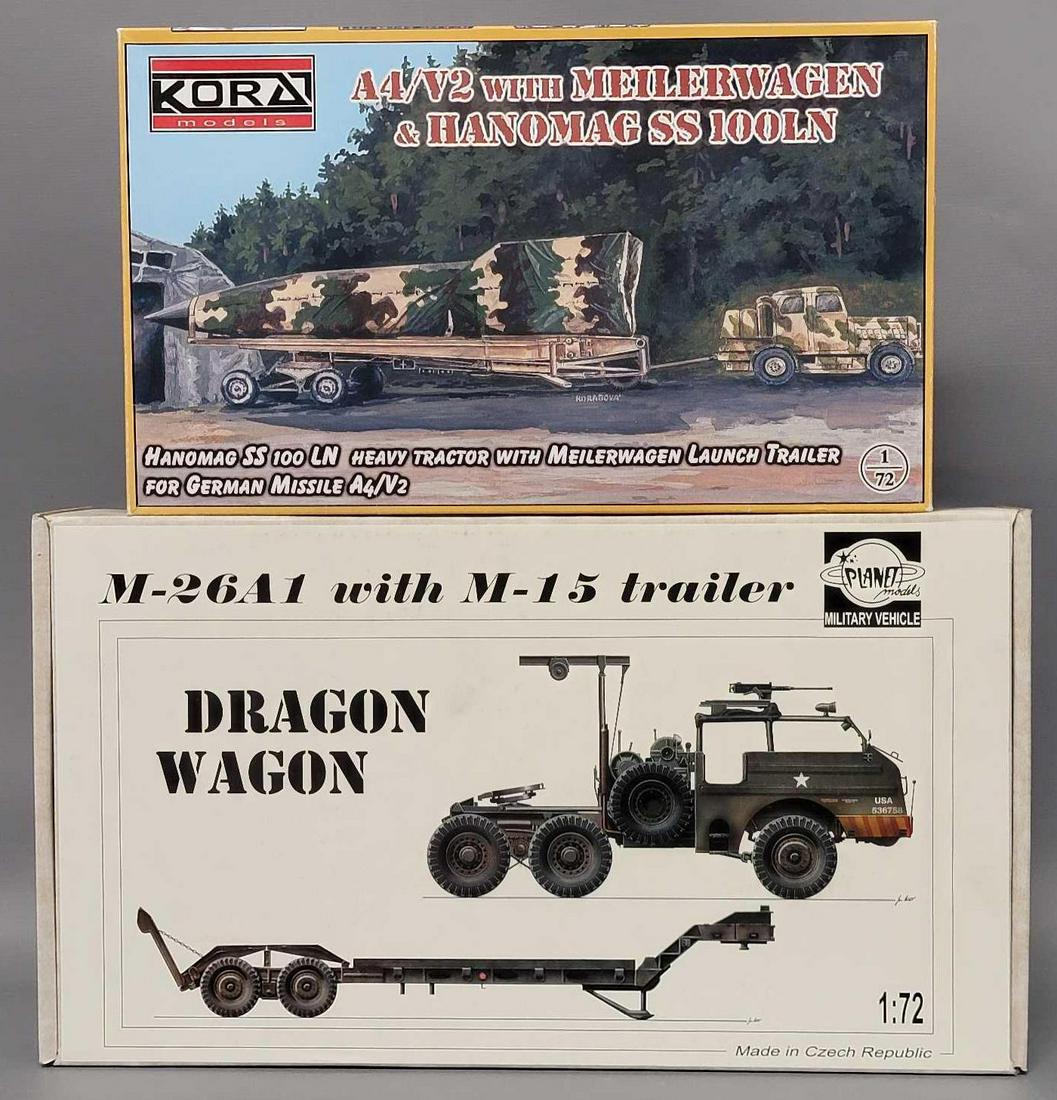 Two mix maker 1/72 scale military model kits in original boxes: Two mix maker 1/72 scale military model kits in original boxes, includes Planet Models MV039 M-26A1 with M-15 trailer and Koral models A7230 A4/V2 with Meilerwagen & Hanomag SS 100LN, both appear 