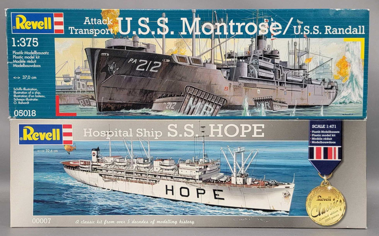 Two Revell mixed scale military ship model kits in original boxes: Two Revell mixed scale military ship model kits in original boxes, includes 1/471 scale 00007 Hospital Ship SS Hope (limited edition of 5000)and 1/375 scale 05018 Attack Transport USS Montrose / USS R