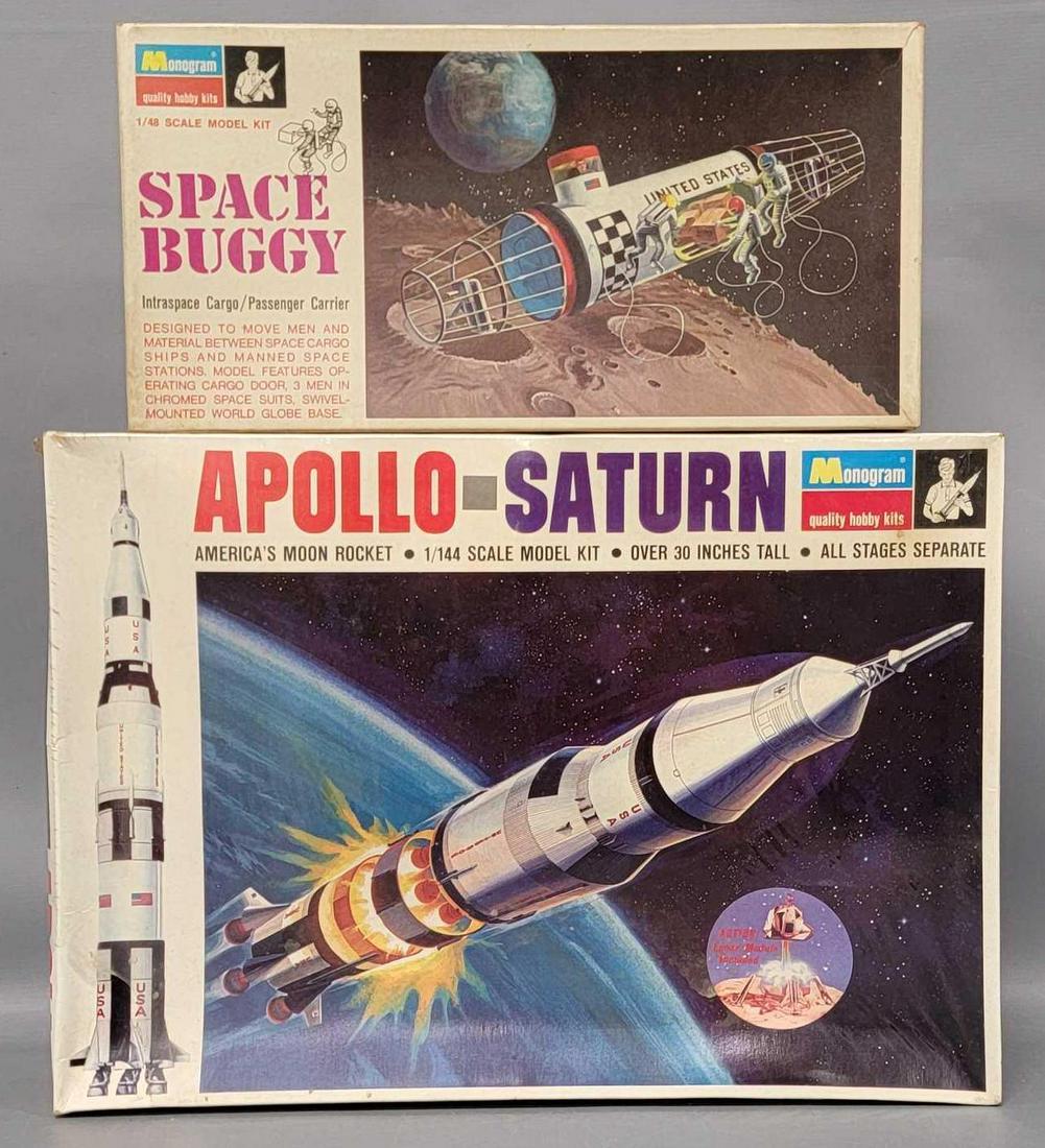 Two Monogram mixed scale space model kits in original boxes: Two Monogram mixed scale space model kits in original boxes, includes 1/48 scale ps194 Space Buggy and 1/144 scale PS193-600 Apollo Saturn America's Moon Rocket, the Space buggy is open but appear