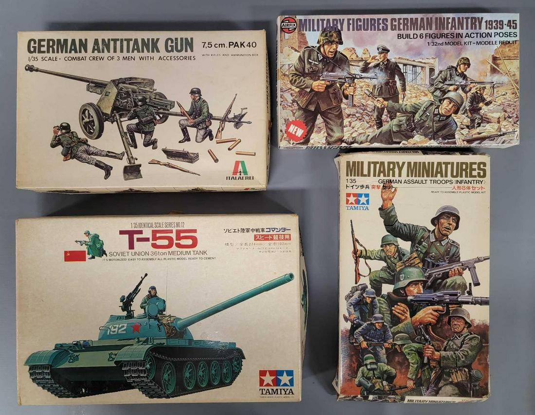 Four mixed make and scale military model kits in original boxes: Four mixed make and scale military model kits in original boxes, includes two Tamiya 1/35 scale kits including MT112 T-55 Soviet Union Medium tank and MM130 Military miniatures German Assault troops, 
