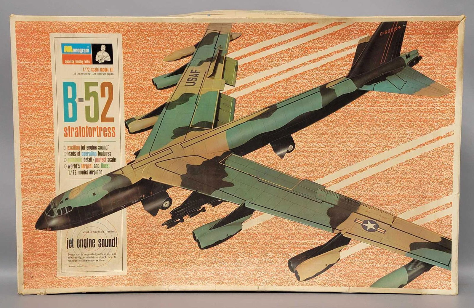 Monogram 1/72 scale B-52 Stratofortress with jet sound model kit in original box: Monogram 1/72 scale B-52 Stratofortress with jet sound model kit in original box, kit appears mostly complete, some of the pieces have been painted as seen, includes original instructions but no decal