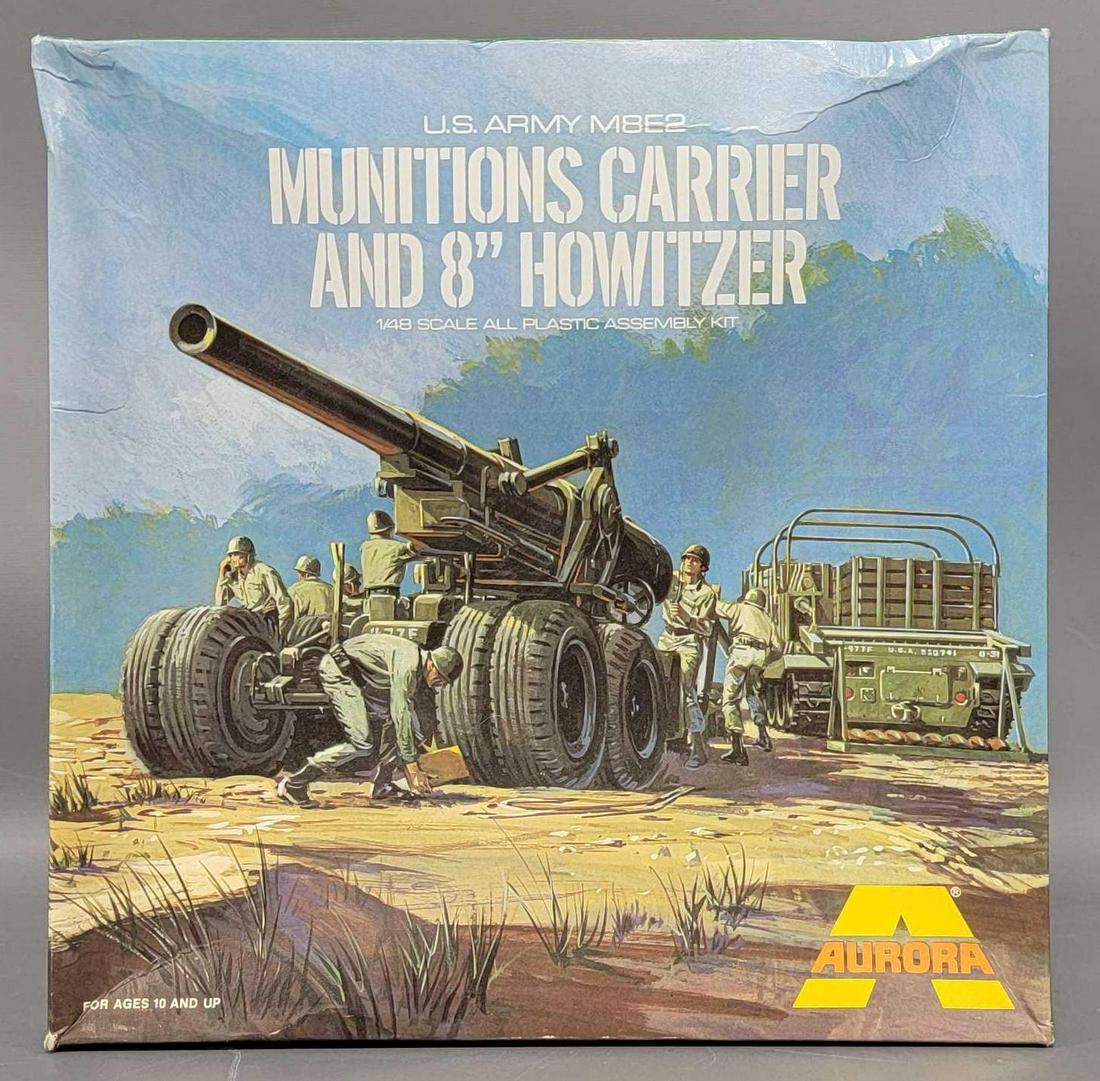 Aurora 1/48 scale 333 US Army M8E2 Munitions carrier and 8 in Howitzer model kit in original box: Aurora 1/48 scale 333 US Army M8E2 Munitions carrier and 8 in Howitzer model kit in original box, kit appears complete with clean instructions and decal sheet, box is very good to excellent but does h