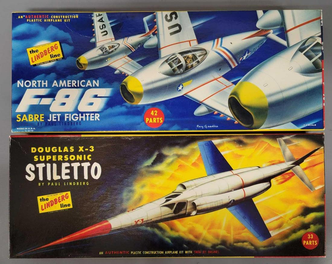 Two Lindberg military jet model kits in original boxes: Two Lindberg military jet model kits in original boxes, includes 530 Douglas X-3 Stiletto and 505 F-86 north American sabre jet fighter, both kits appear complete with clean instructions and decal she