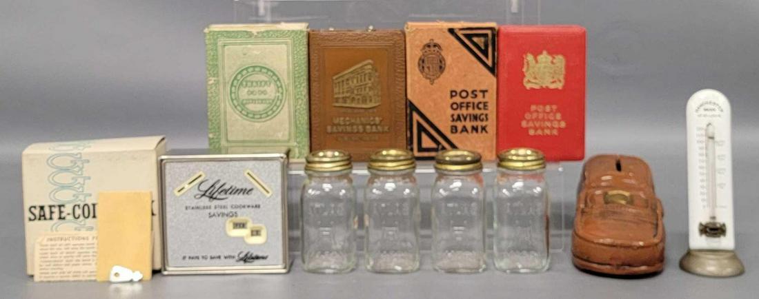Eight vintage assorted style coin banks and a porcelain thermometer: Eight assorted style coin banks and a porcelain thermometer, includes a safe-coin bank by Gerett in original box with key, a ceramic loafer bank, four Atlas mini mason jar banks, a post office savings