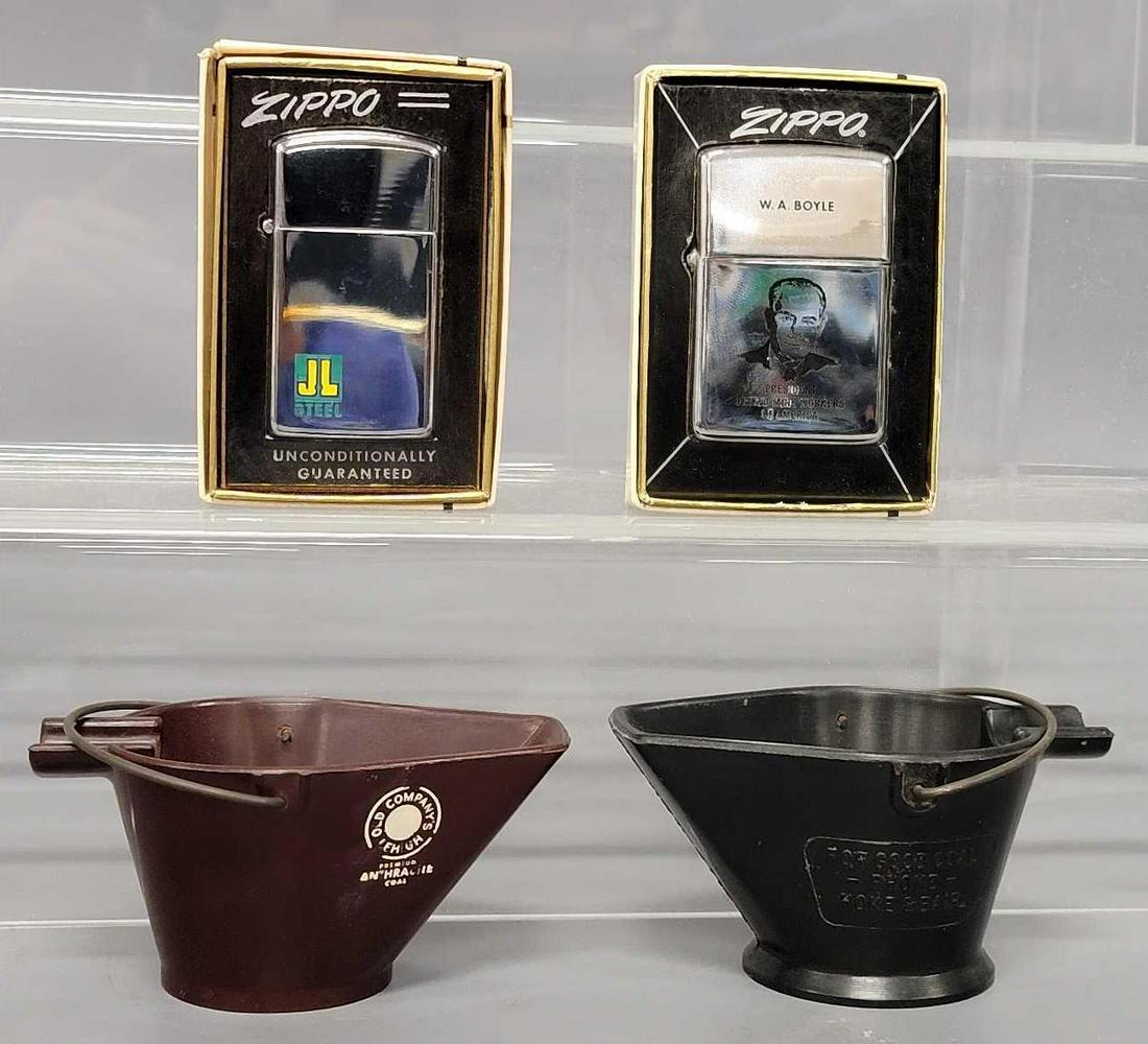 Two vintage Coal & steel related Zippo lighters and two ashtrays: Two vintage Coal & steel related Zippo lighters and two ashtrays, includes a 1968 W.A. Boyle President United Mine Workers of America Zippo in box, a 1963 slim J&L steel zippo in original box,