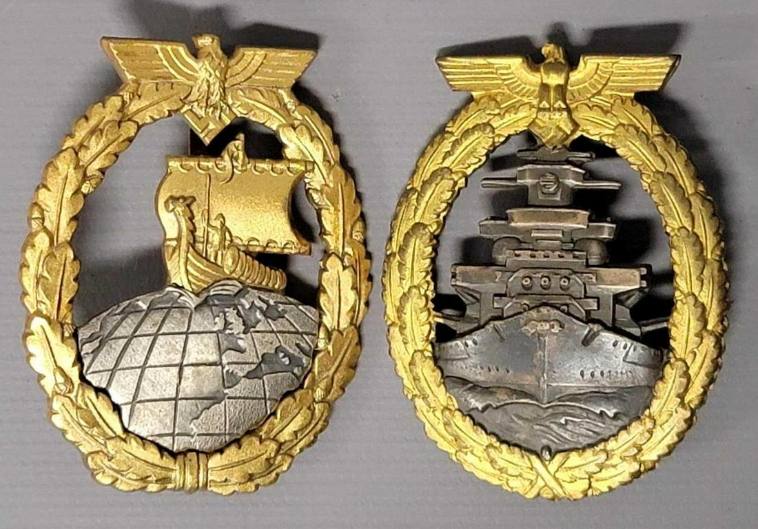 Two German World War II Naval badges: Two German World War II Naval badges, includes an Auxillary Cruiser badge with no makers marks and a High Seas Fleet Badge, this one has makers marks on it, both are in excellent condition .