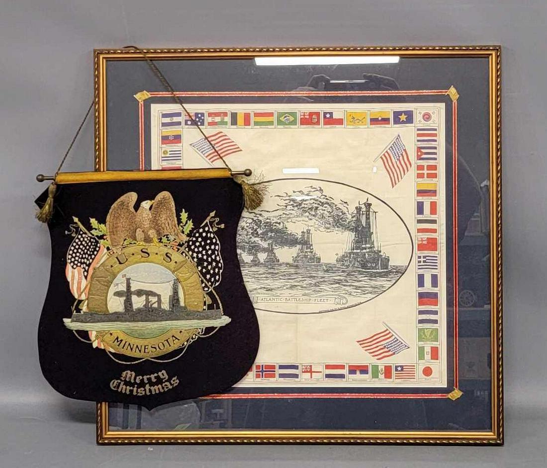 Two Naval military items including a banner and a framed Handkerchief: Two Naval military items including a banner and a framed Handkerchief, includes a small felt banner that was more than likely hung on the ship in a common area during the Holidays each year, graphics 