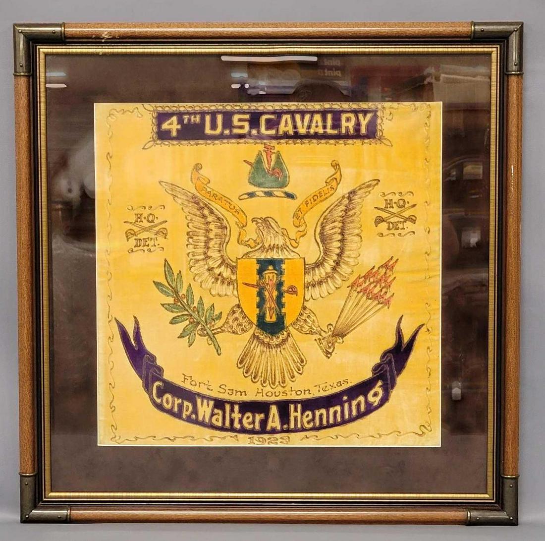 Large framed 4th US Cavalry banner for Corporal Walter A. Henning: Large framed 4th US Cavalry banner for Corporal Walter A. Henning, this large swatch measures roughly 16 1/2 inches x 16 1/2 inches, not entirely sure what it is, maybe a banner, possibly a blanket or