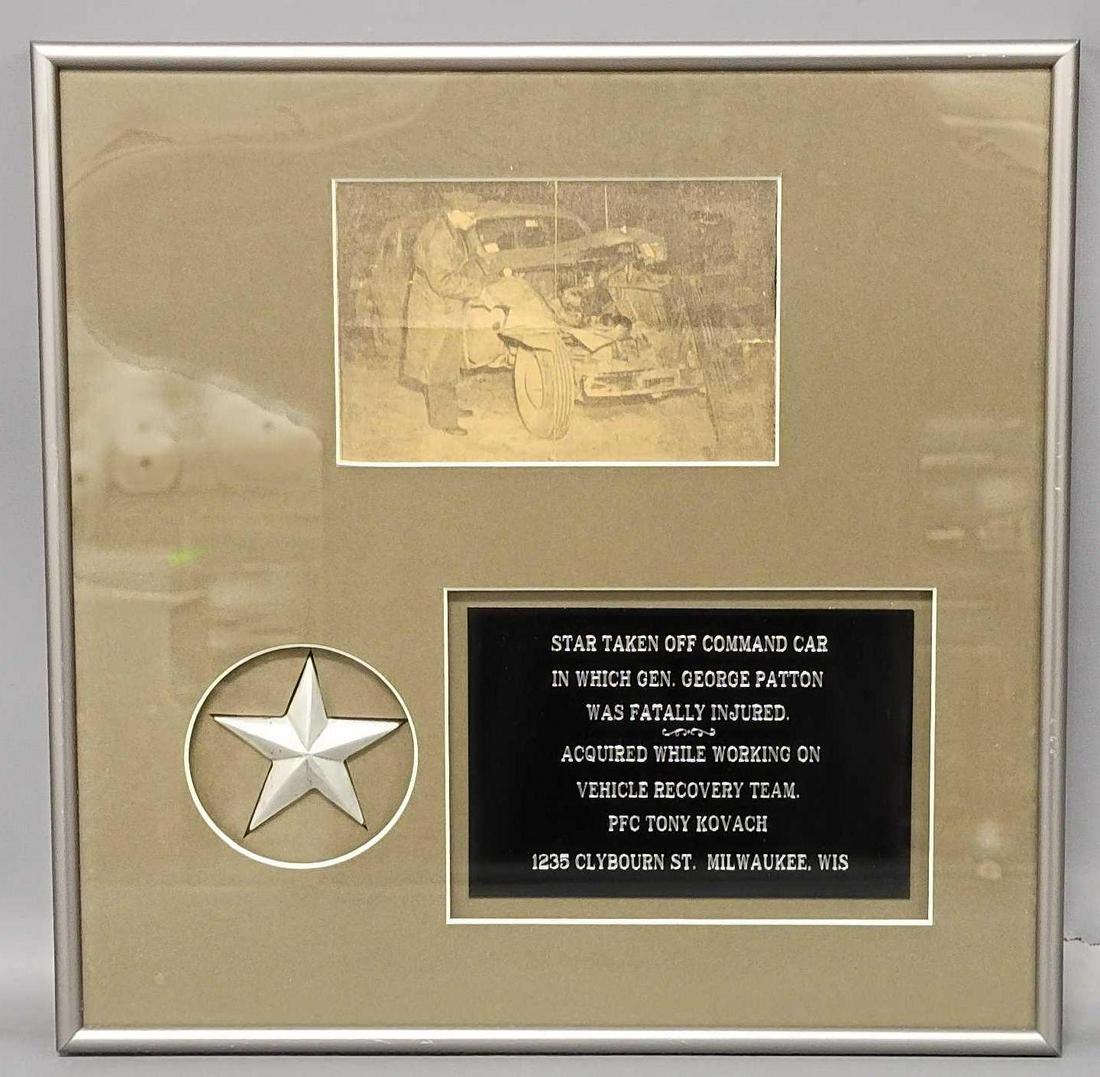 Framed Star emblem off of Limousine in which General George Patton was fatally injured: Framed Star emblem off of Limousine in which General George Patton was fatally injured, Patton was in a car accident while still in Germany at the end of the war, he fractured his neck and succumbed t