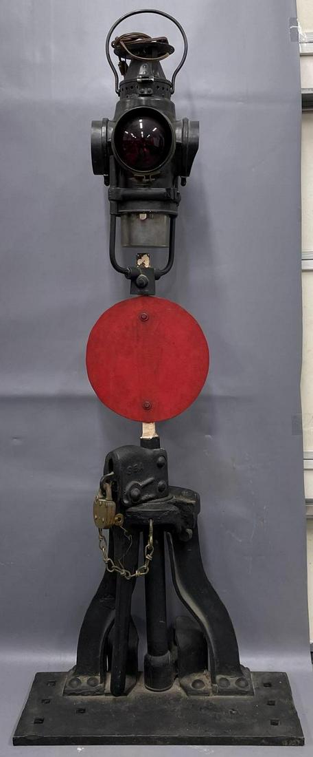 Vintage Railroad track stand with Santa Fe marked Lantern: Vintage Railroad track switch stand with Santa Fe marked lantern, lantern has been fitted with a household wall plug as it was used as decor indoors, lantern otherwise looks all original and is in exc