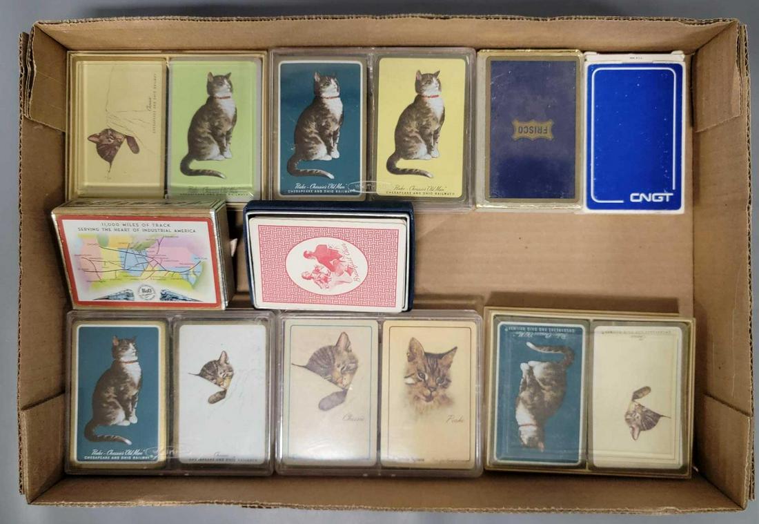 Nine Railroad themed playing card sets: Nine Railroad themed playing card sets, includes five double sets of Chessie C&O, all save one box are opened and played with, one set has both decks sealed, four single decks include a Frisco RR 