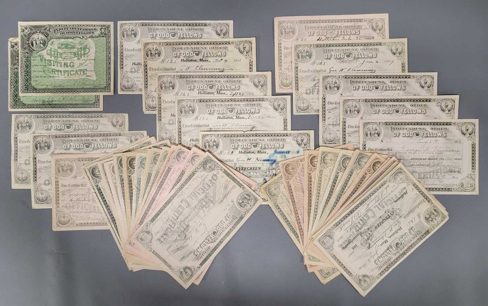 Collection of Independent Order of Odd Fellows currency certificates: Collection of Independent Order of Odd Fellows currency certificates, includes approximately 55 total. These are in very good condition for their age, they range in dates from 1898 to 1911, they are a