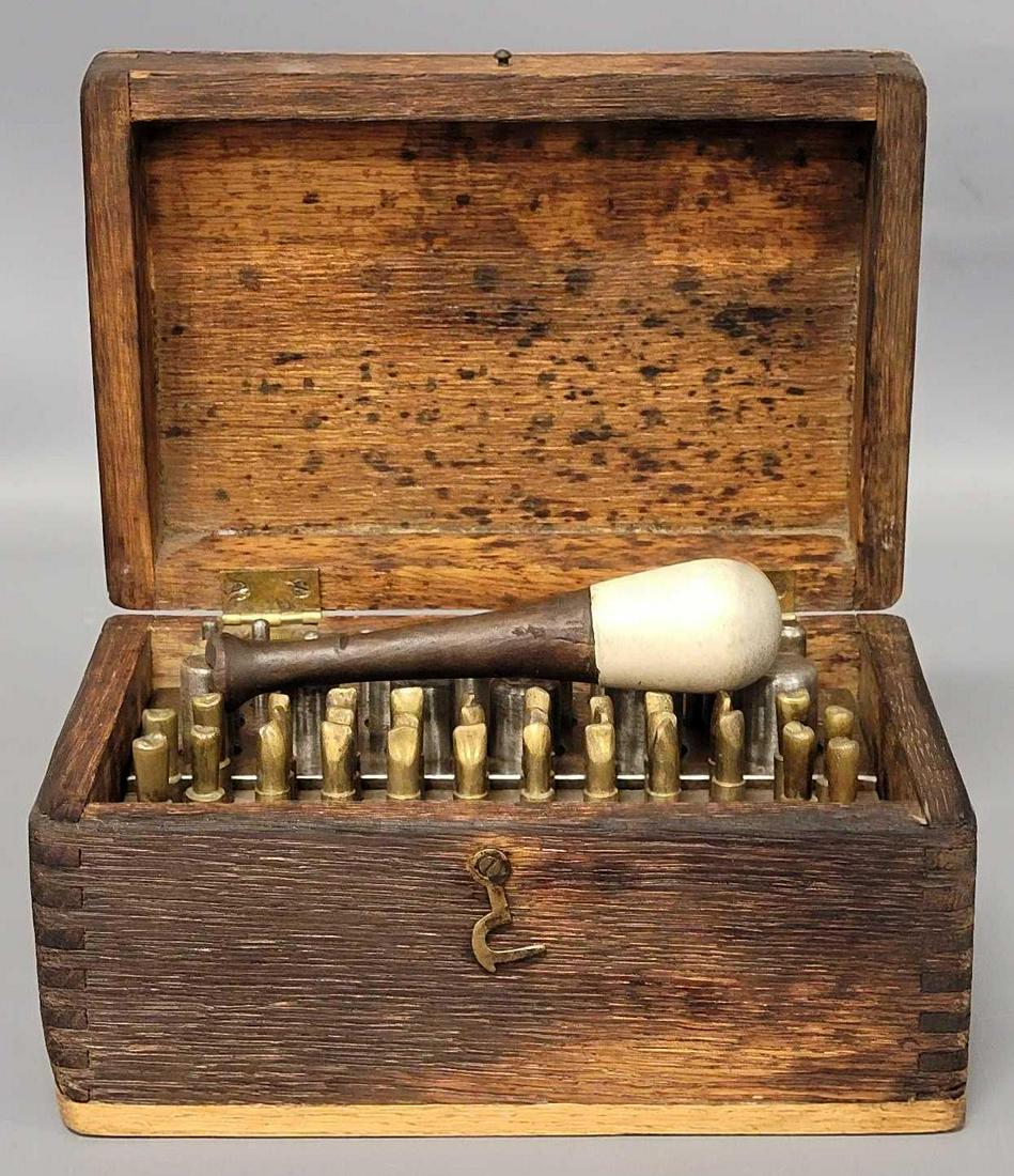 Rare American 19TH Century Brass Dental Crown Molds in box joint wooden box: Rare American 19TH Century Brass Dental Crown Molds in box joint wooden box, Turn of The Century (ca. 1880-1900) Brass Dental Crown Mold Kit in its Original box joint wooden box. The Kit Contains one 
