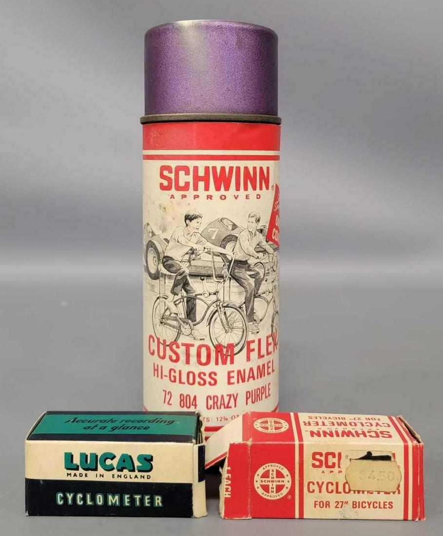 Three vintage bicycle items Schwinn: Collection of three vintage bicycle items, includes a Schwinn spray can of Custom Flex hi-gloss enamel paint in Crazy Purple, it has a small amount of product in it, a Schwinn cyclometer for 27" b